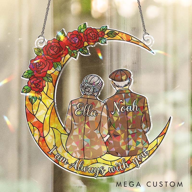 Personalized Elderly Couple Love To The Moon and Back Suncatcher Custom Moon Shaped Floral Style Window Decor Anniversary Gift Valentines Day Gift