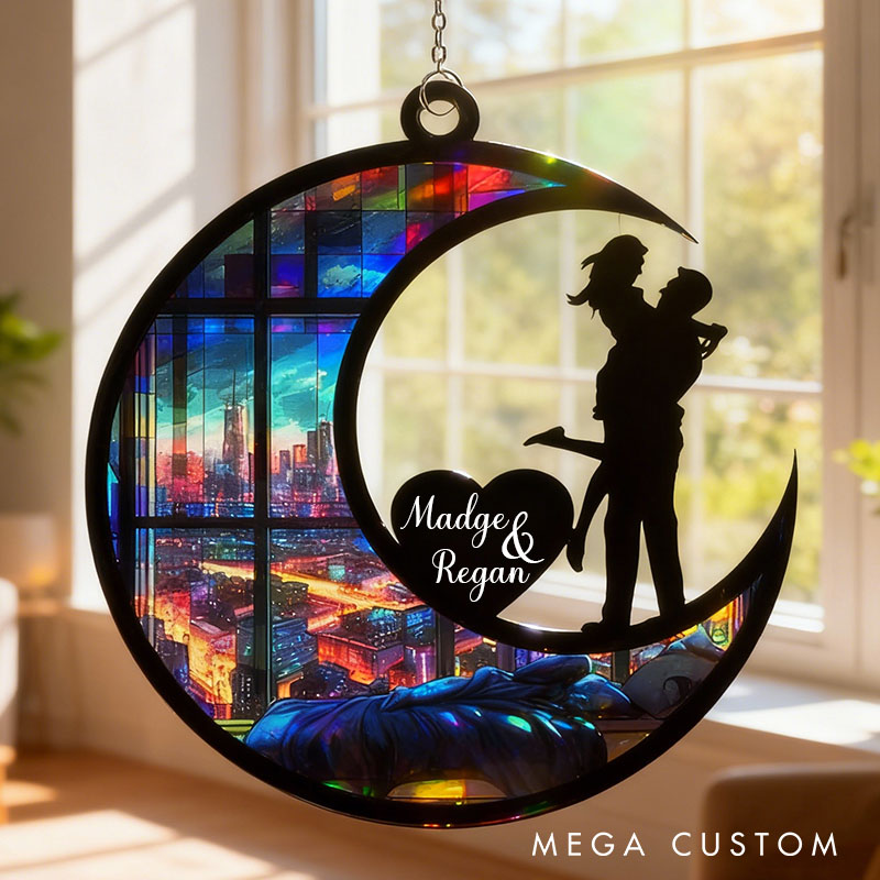Personalized Couple Silhouette Love To The Moon and Back Suncatcher Custom Moon Shaped Window Decor Anniversary Gift Valentines Day Gift for Him Her