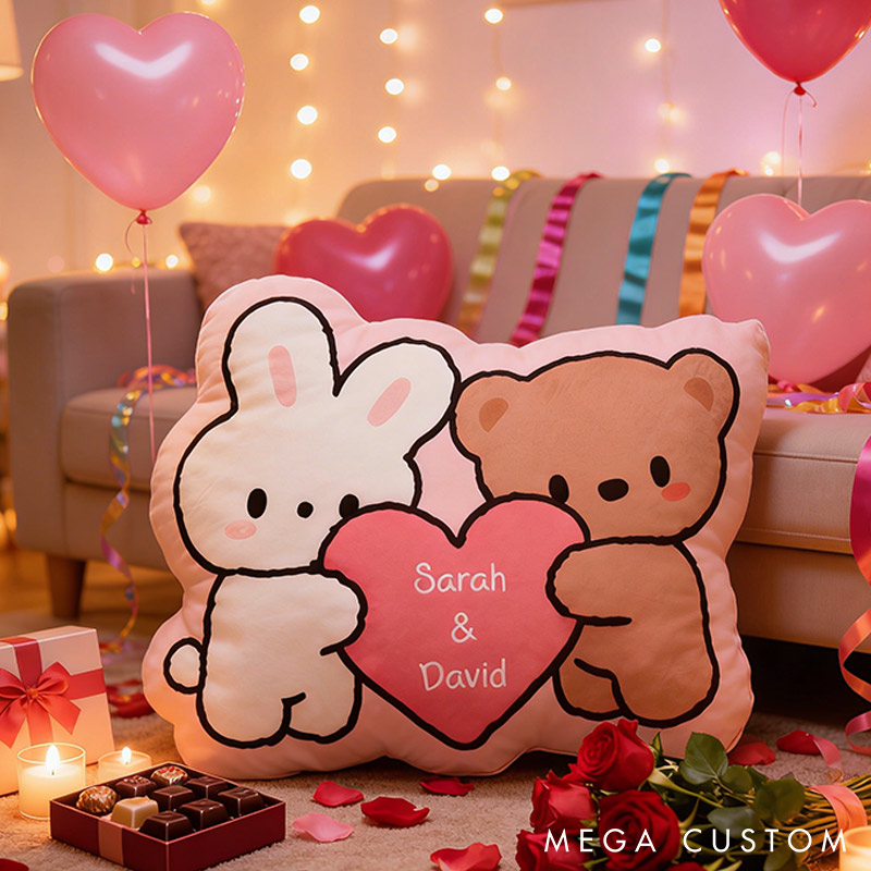 Personalized Bunny & Bear Throw Pillow Custom Names Couple Home Pillow Romantic Valentine's Day Gift for Girlfriend for Wife Friend