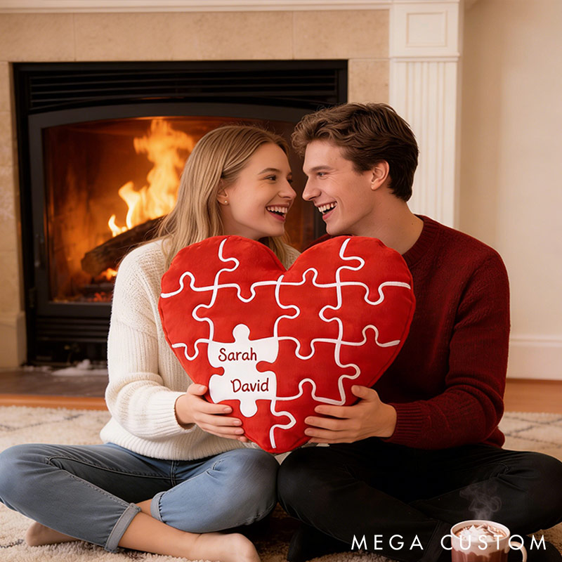 Personalized Missing Piece Heart Throw Pillow Custom Names Couple Home Pillow Romantic Valentine's Day Gift for Girlfriend for Wife Friend