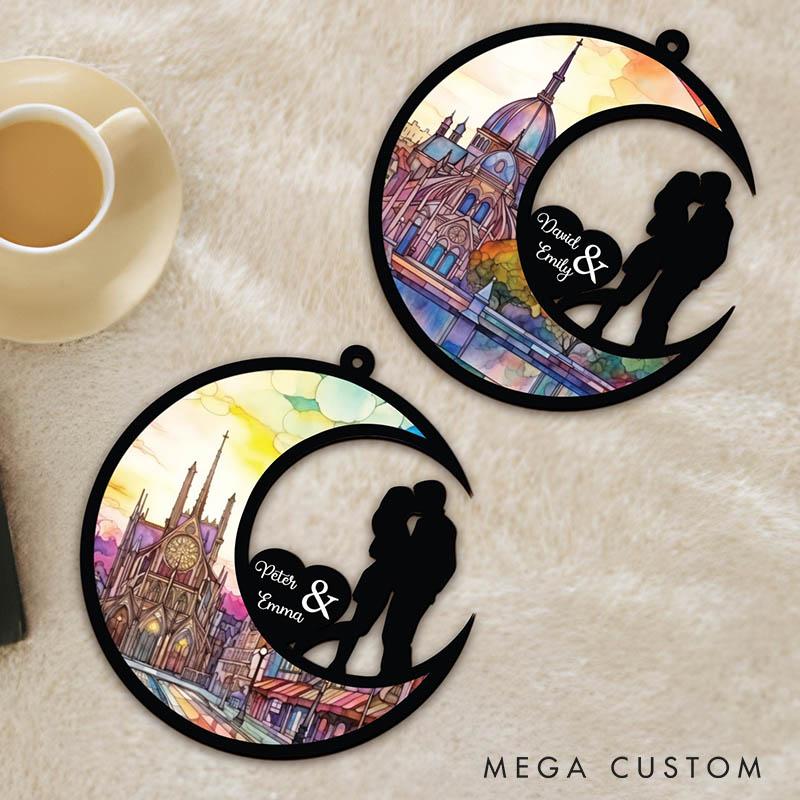 Personalized Couple Kissing Silhouette Love To The Moon and Back Suncatcher Custom Moon Shaped Window Decor Anniversary Gift Valentines Day Gift