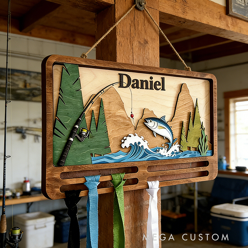 Personalized Fishing Themed Wooden Medal & Hat Rack - Custom Name Wall Decor for Anglers