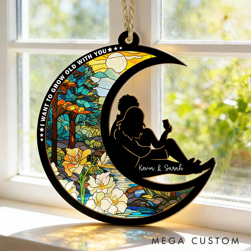 Personalized Couple Silhouette From Our First Kiss Till Our Last Breath Suncatcher Moon Shaped Window Decor Anniversary Gift Valentines Day Gift