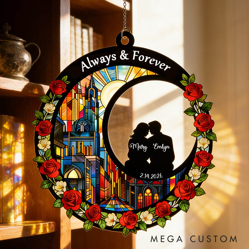 Personalized Couple Silhouette You and Me We Got This Suncatcher Custom Round Shaped Rose Flower Window Decor Anniversary Gift Valentines Day Gift