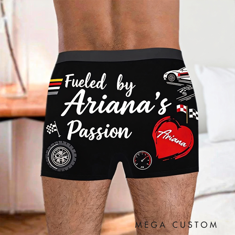 Personalized Fueled by [Name]s Passion Boxer Briefs Custom Name Valentine Gift for Husband or Boyfriend Race Car Lovers