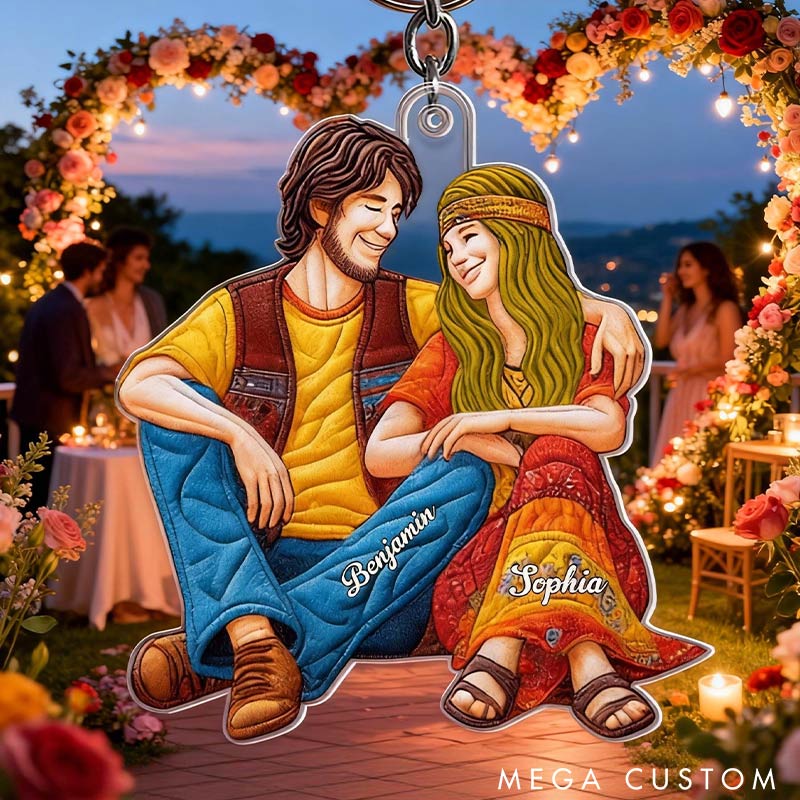 Personalized Hippie Couple Keychain Custom Features Names Keychain Romantic Gift for Valentine's Day Gift for Couple For Him Her