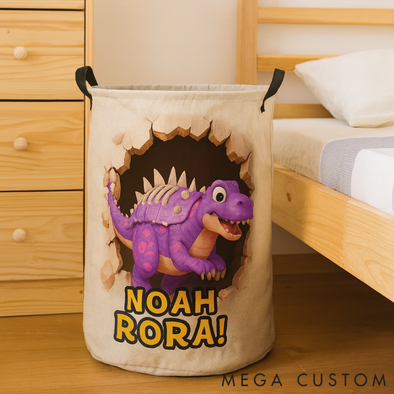 Personalized Dino Blast Adventure Theme Large Waterproof Laundry Hamper with Handle Custom Name Embroidery Kids Holiday Gift