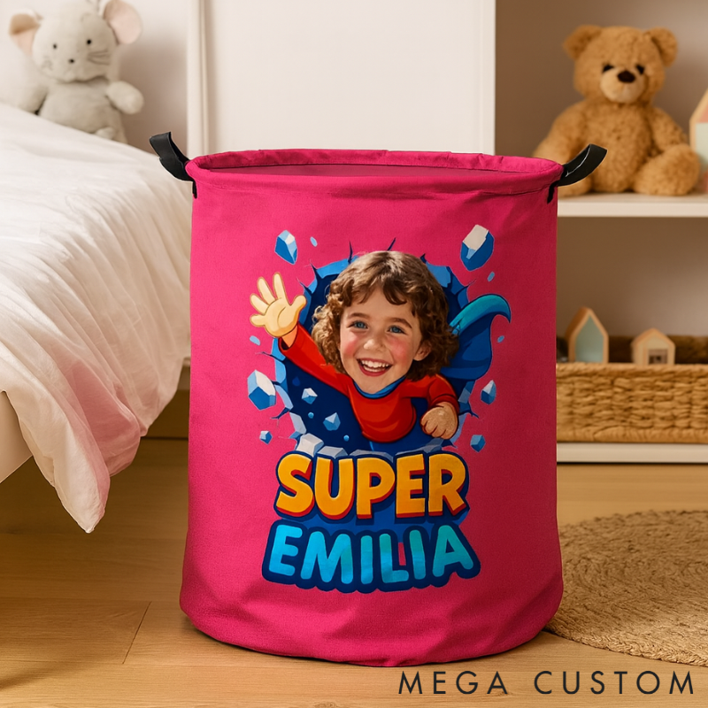 Personalized Fun Kids Laundry Basket with Handles Custom Photo and Name Embroidery Ideal Kids Gift
