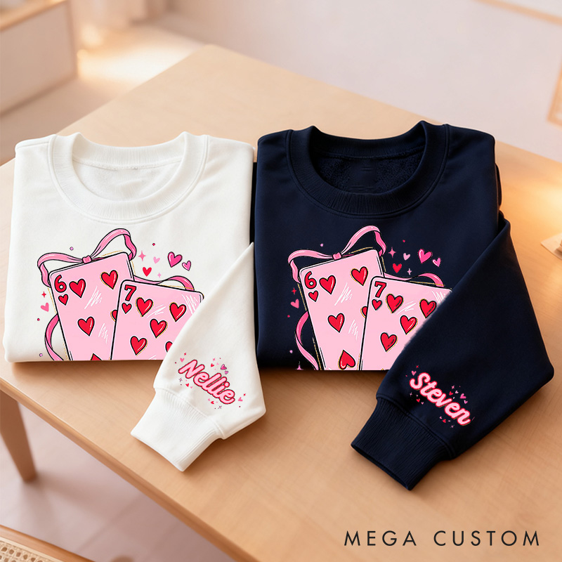 Personalized Girlfriend Wife Playing Cards Bow Tie 67 Sweatshirt with Name Couple Funny Coquette 6 7 Number Meme Matching Valentines Day Sweatshirt