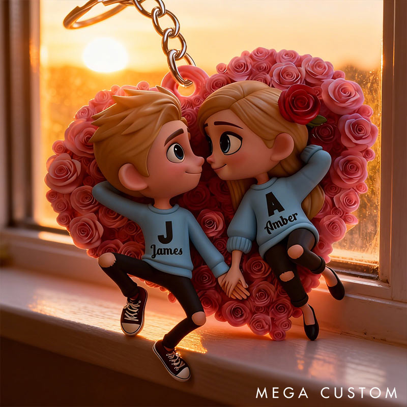 Personalized Couple Rose Heart Keychain Custom Features Initial Names Keychain Romantic Gift for Valentine's Day Gift for Couple For Him Her