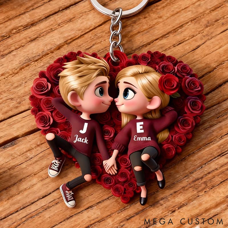 Personalized Couple Rose Heart Keychain Custom Features Initial Names Keychain Romantic Gift for Valentine's Day Gift for Couple For Him Her