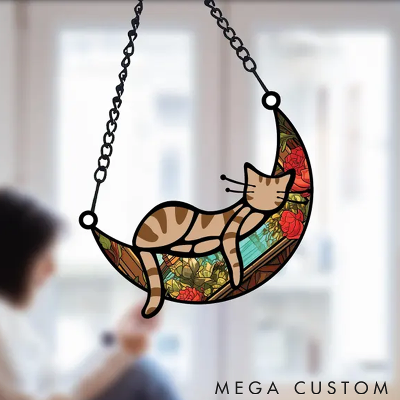 Personalized Cat Lover Sleeping Cat on Moon Sun Catcher