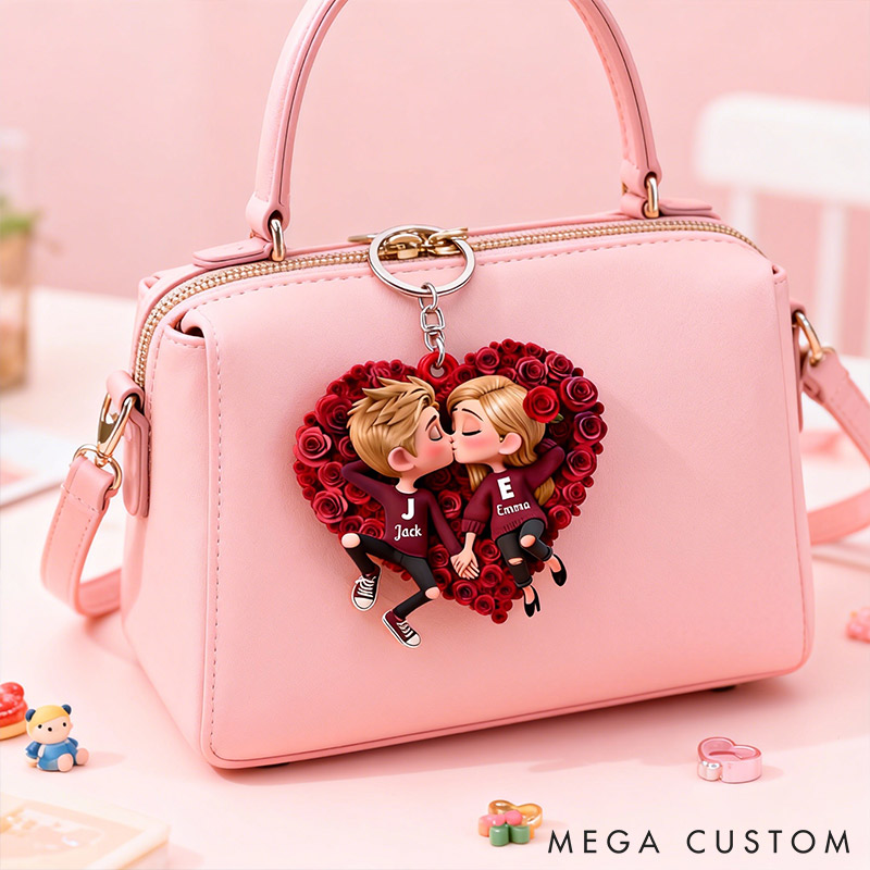 Personalized Couple Rose Heart Keychain Custom Features Initial Names Keychain Romantic Gift for Valentine's Day Gift for Couple For Him Her