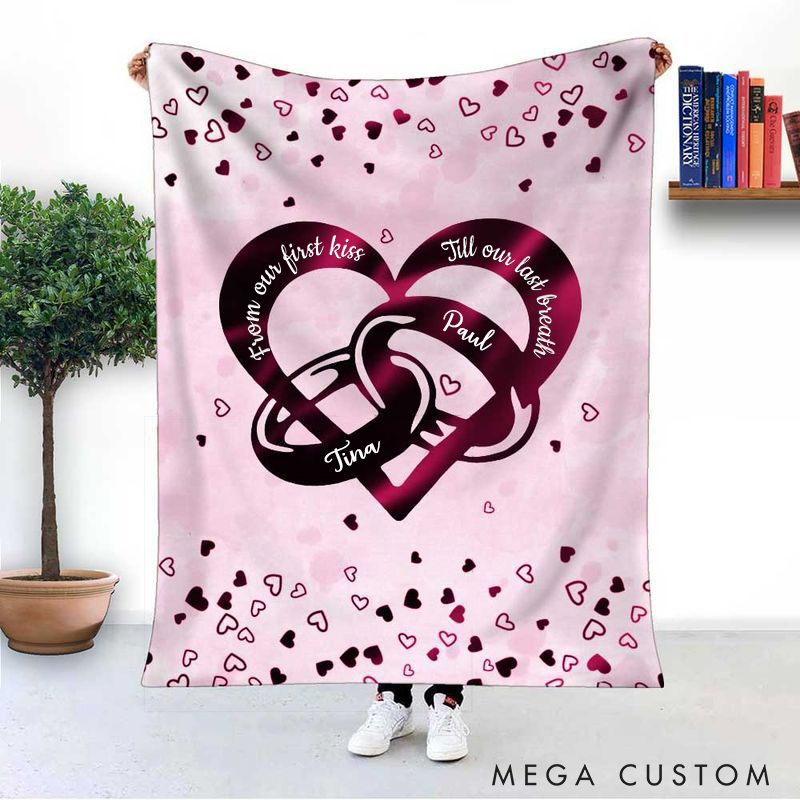 Personalized From Our First Kiss Till Our Last Breath Heart with Couple Rings Custom Valentine's Day Gift Blanket