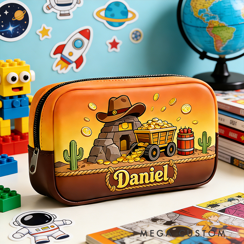 Personalized Cowboy Mining Pencil Case – Custom Name with Gold Mine & Cactus Design