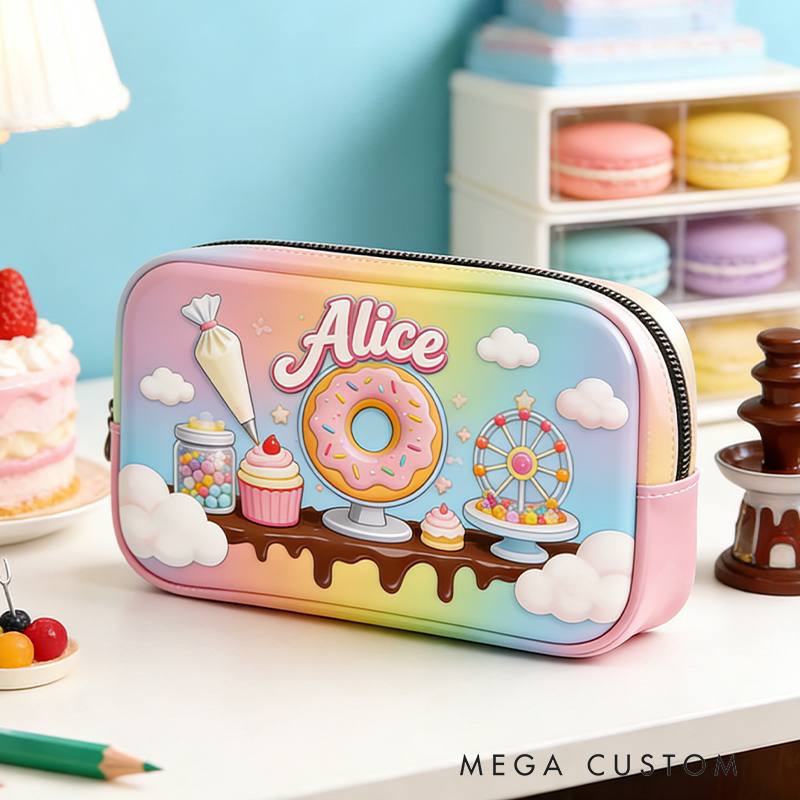 Personalized Pastel Dessert Carnival Pencil Case – Custom name with Donut Ferris Wheel & Cupcakes