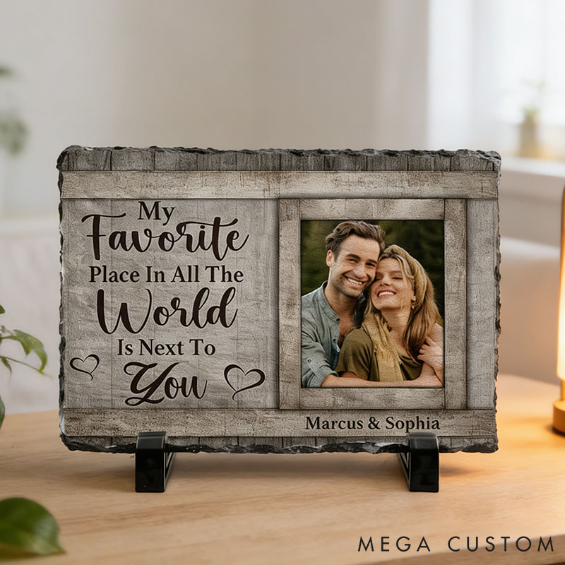 Personalized Couple Photo My Favorite Place in All the World is Next To You Rectangle Shaped Stone with Stand Anniversary Gift Valentines Day Gift