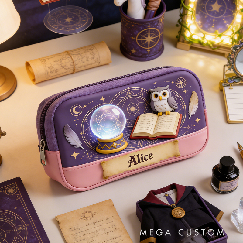 Personalized Mystical Owl Magic Pencil Case – Personalized with Crystal Ball & Spellbook Design