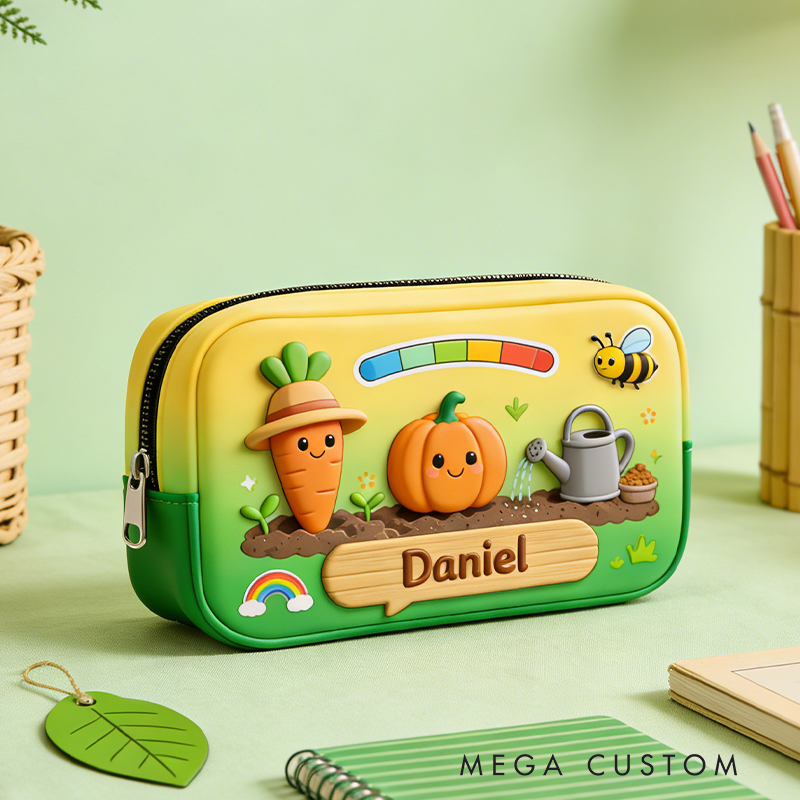Personalized Cheerful Garden Pencil Case – Custom name with Smiling Carrot, Pumpkin & Rainbow
