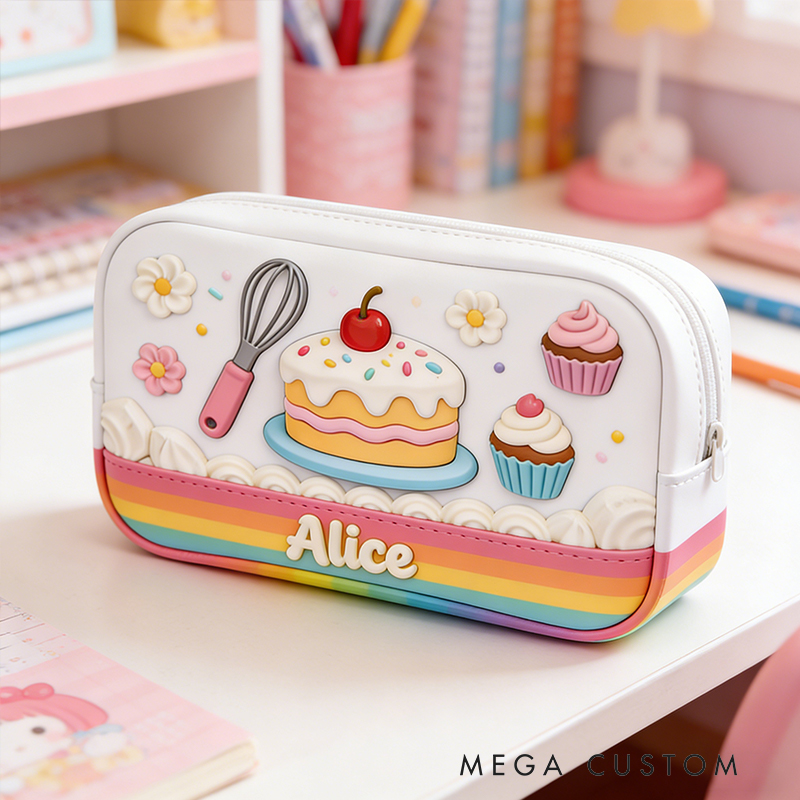 Personalized Sweet Celebration Pencil Case – Custom with 3D Cake, Cupcakes & Rainbow Trim