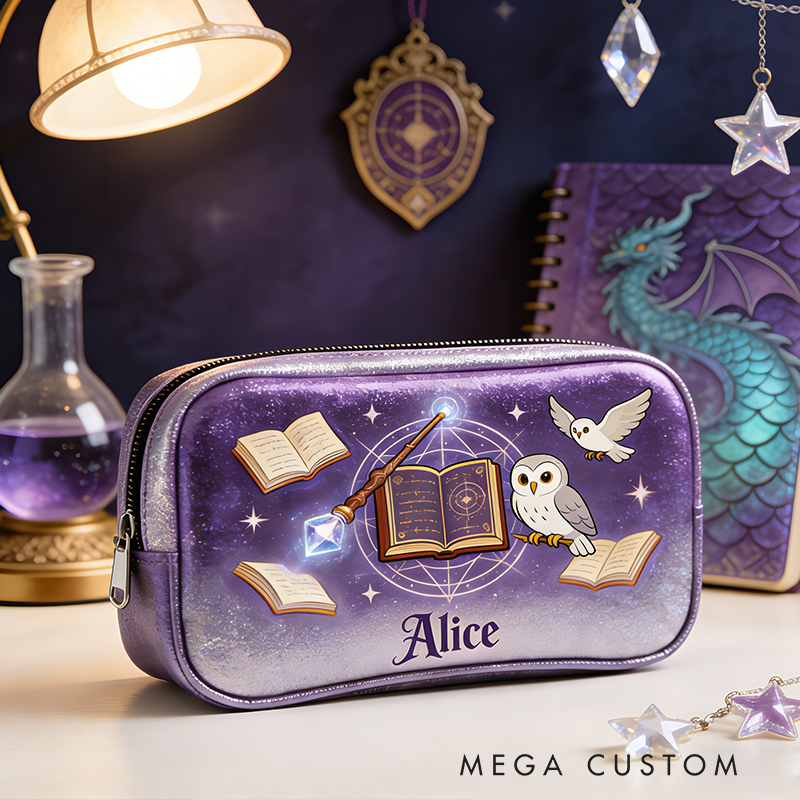 Personalized Wizard’s Library Pencil Case – Personalized with Floating Books, Owl & Crystal