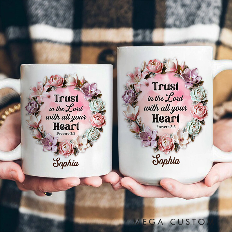 Personalized Trust in the Lord with all Your Heart Ceramic Mug with Custom Name Bible Verse Coffee Cup Valentine Gift for Women