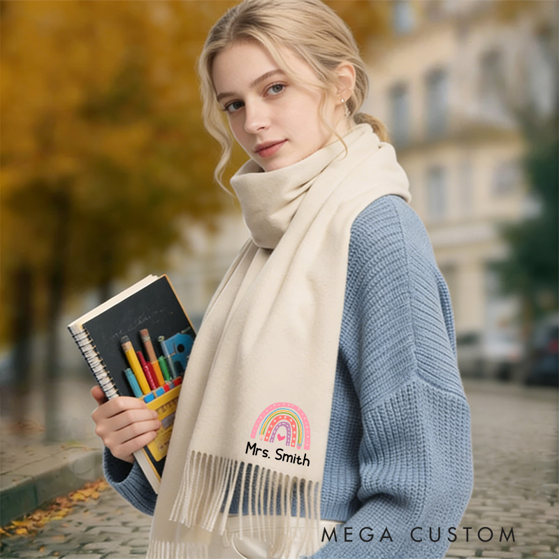 Personalized Teacher Scarf Custom Name Embroidered Rainbow Shawl Gift for Teacher Girlfriend or Women Solid Color Winter Wrap