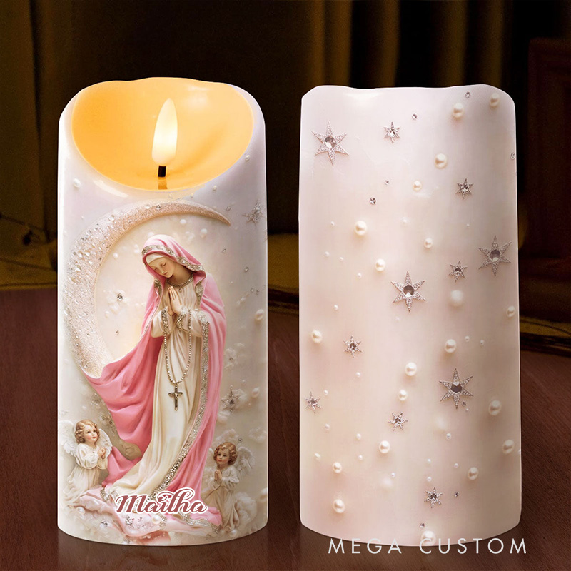 Personalized Soft Light Sacred Night Virgin Mary Flameless LED Candle with Name Catholic Gift Religious Decor Prayer Faith Gift