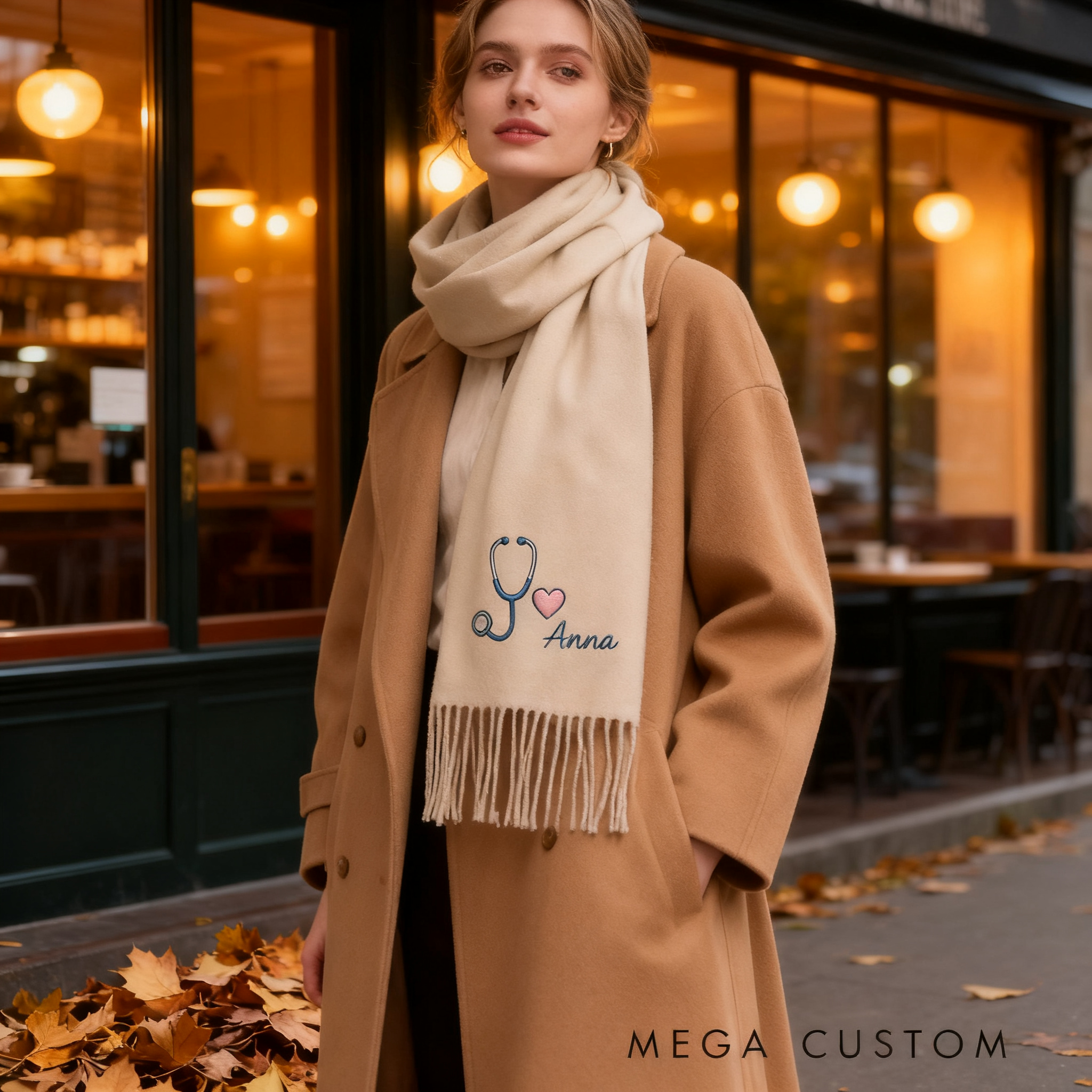 Personalized Nurse Scarf Custom Name Stethoscope Heart Shawl Gift for Nurse Girlfriend or Women Solid Color Winter Wrap