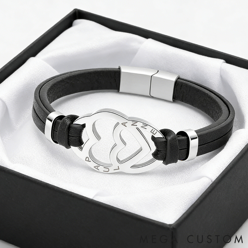 Personalized Stainless Steel Heart in Heart Leather Couple Bracelets with Custom Names for Lovers