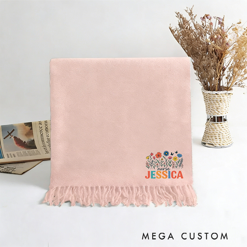 Personalized Nurse Scarf Custom Name Floral Embroidered Shawl Gift for Nurse Girlfriend or Women Solid Color Winter Wrap