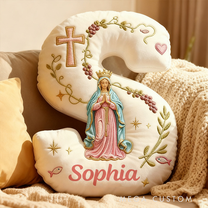 Personalized Cross Virgin Mary Letter Pillow with Custom Name Home Decor Graphic 3D Print Pillow Religious Faith Gift Catholic Gift