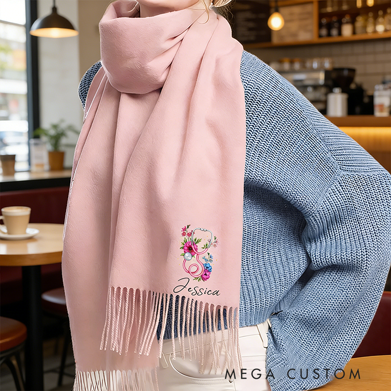 Personalized Nurse Scarf Custom Name Stethoscope Floral Embroidered Shawl Gift for Nurse Girlfriend or Women Solid Color Winter Wrap