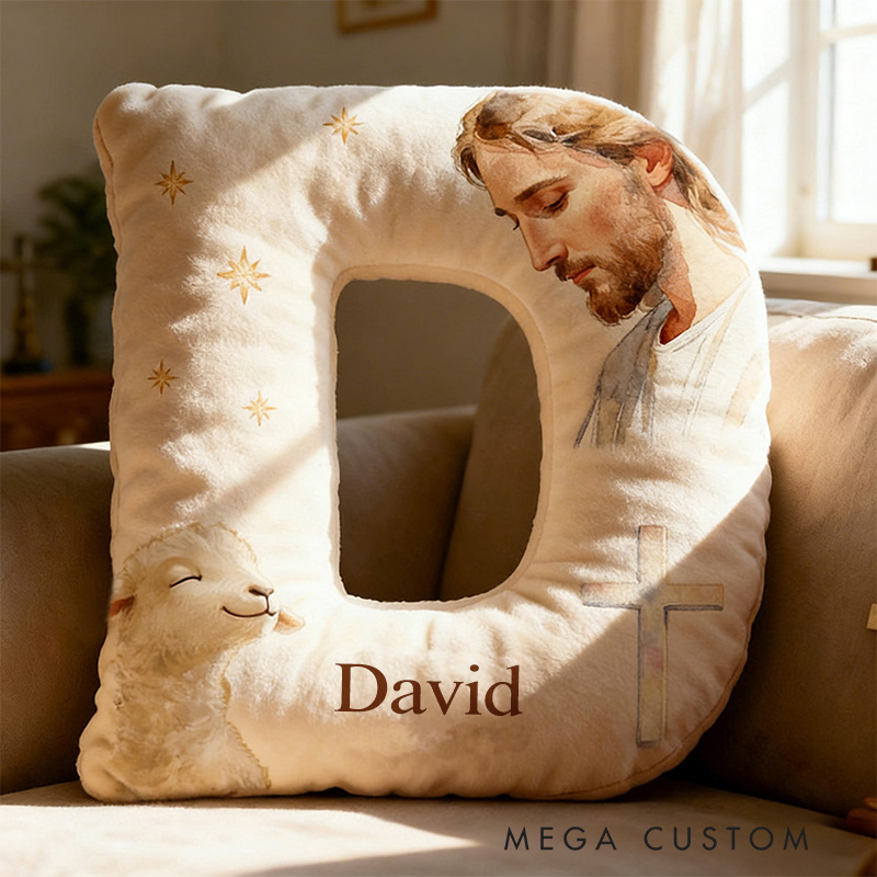 Personalized Jesus Lamb Letter Pillow with Custom Name Religious Home Decor Graphic 3D Print Pillow Christian Gift Faith Gift 