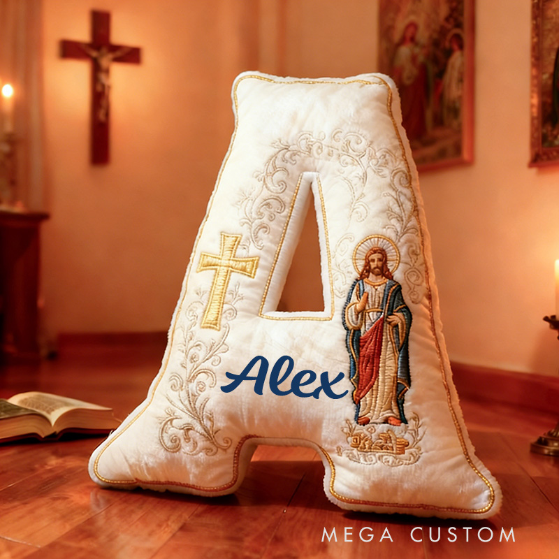 Personalized Jesus Cross Letter Pillow with Custom Name Home Decor Graphic 3D Print Pillow Religious Faith Gift for Christians Jesus Lover Gift