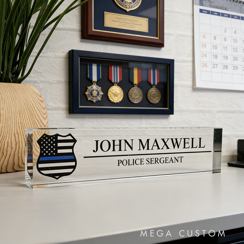 Personalized Custom Police Thin Blue Line Acrylic Desk Nameplate – Personalized Police Sergeant Office Plaque