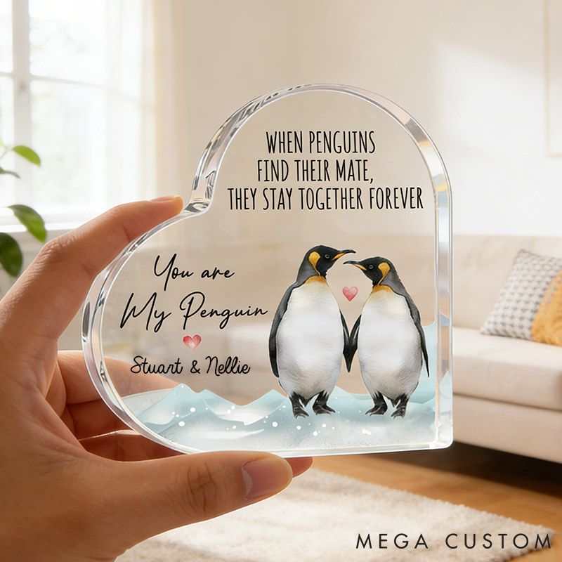 Personalized Couple You're My Penguin Heart Shaped Acrylic Plaque with Custom Name Anniversary Gift Valentines Day Gift for Girlfriend Boyfriend
