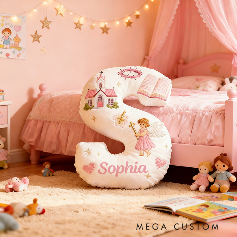 Personalized Little Angel Letter Pillow with Custom Name Kid Room Decor Church Cross Angel Bible Religious Faith Gift for Her Graphic 3D Print Pillow