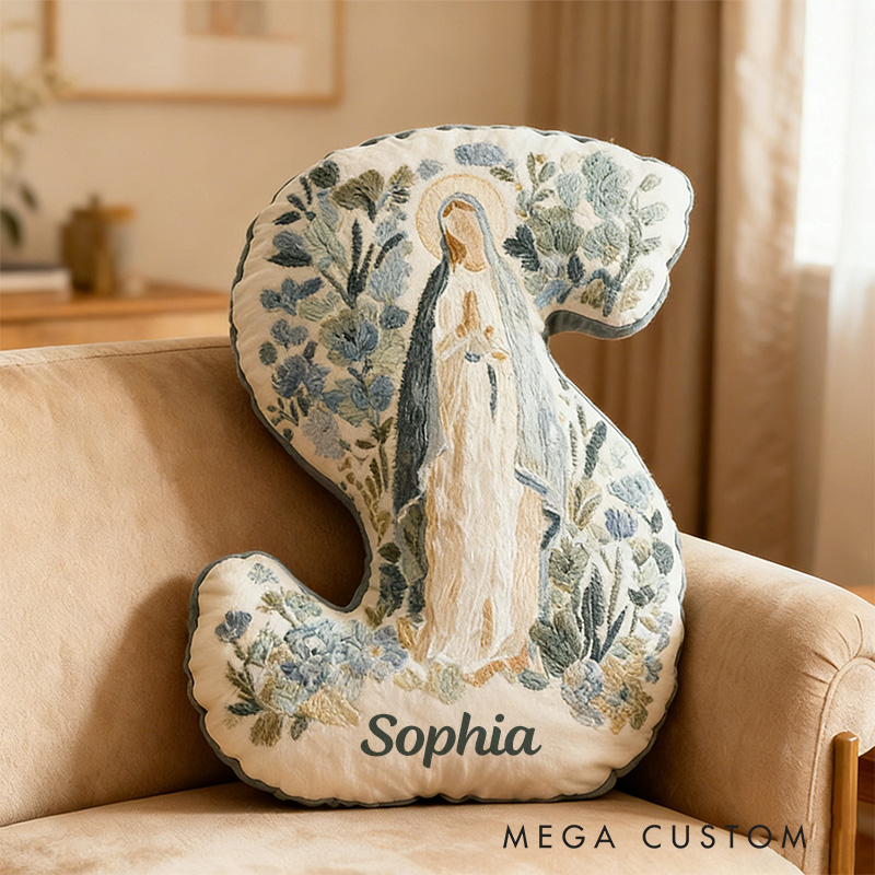 Personalized Blessed Mother of God Floral Virgin Mary Graphic 3D Print Letter Pillow with Custom Name Faith Home Decor Catholic Gift for Women