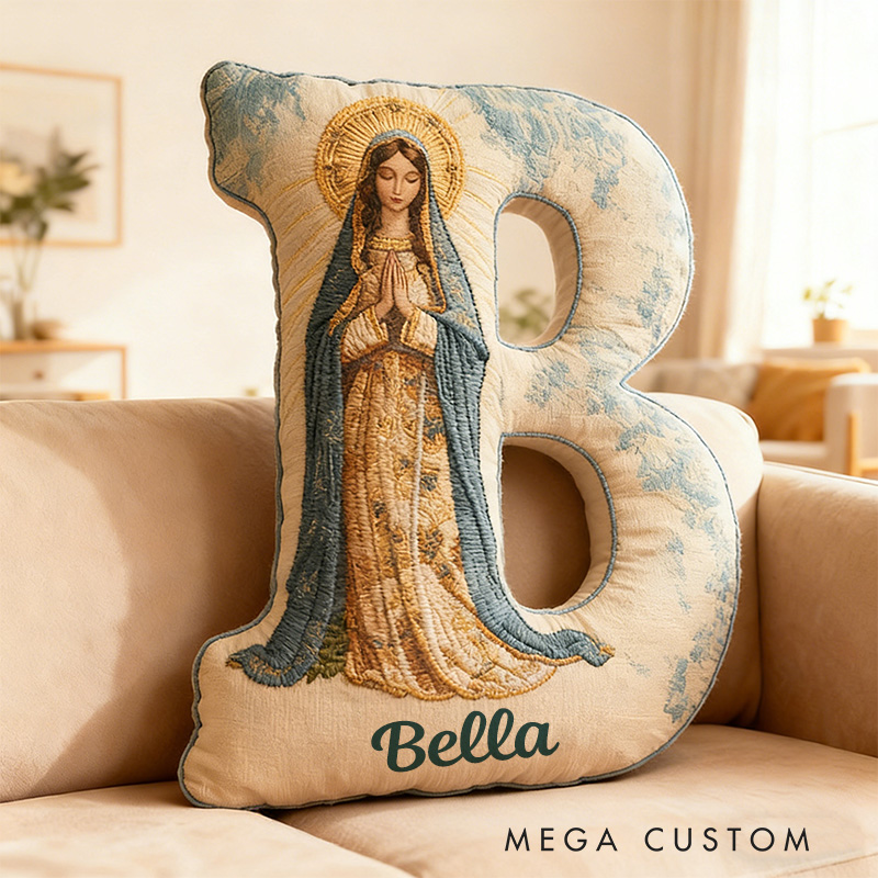 Personalized Virgin Mary Blue Letter Pillow with Custom Name Religious Home Decor Catholic Gift for Her Prayer Faith Gift Graphic 3D Print Pillow