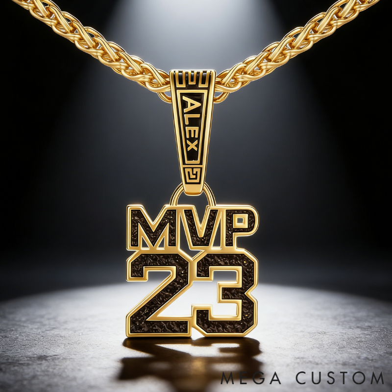 Custom Name and MVP Number Pendant Necklace – Personalized Sports-Themed Jewelry with Bold Chain Design