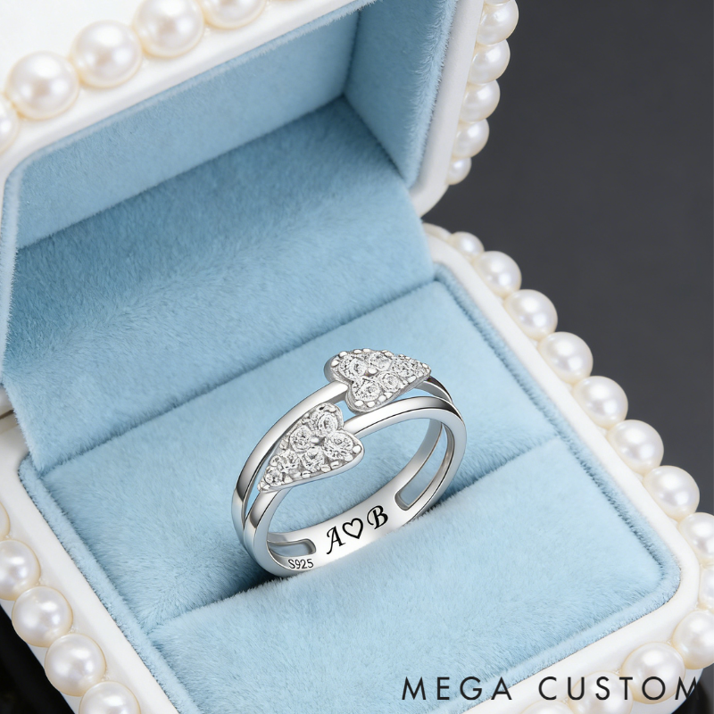 Personalized Sterling Silver Double Heart Ring – Custom Initials, Name, and Birthstone Romantic Jewelry