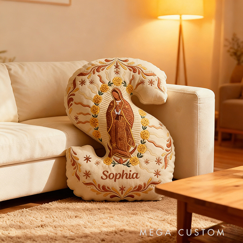 Personalized Our Lady of Guadalupe Marigold Letter Pillow with Custom Name Home Decor Religious Gift Catholic Gift for Women Graphic 3D Print