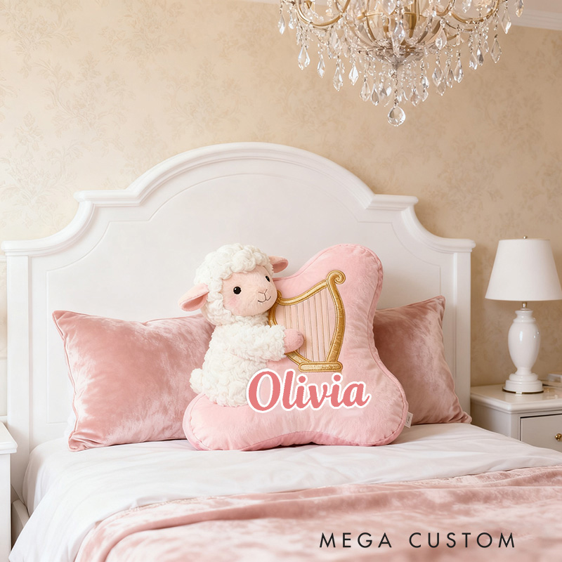 Personalized Graphic 3D Print Pink-White Sheep & Harp Pillow With Your Own Name Soft Stuffed Toy for Kids Unique Decorative Cushion for Girls' Room