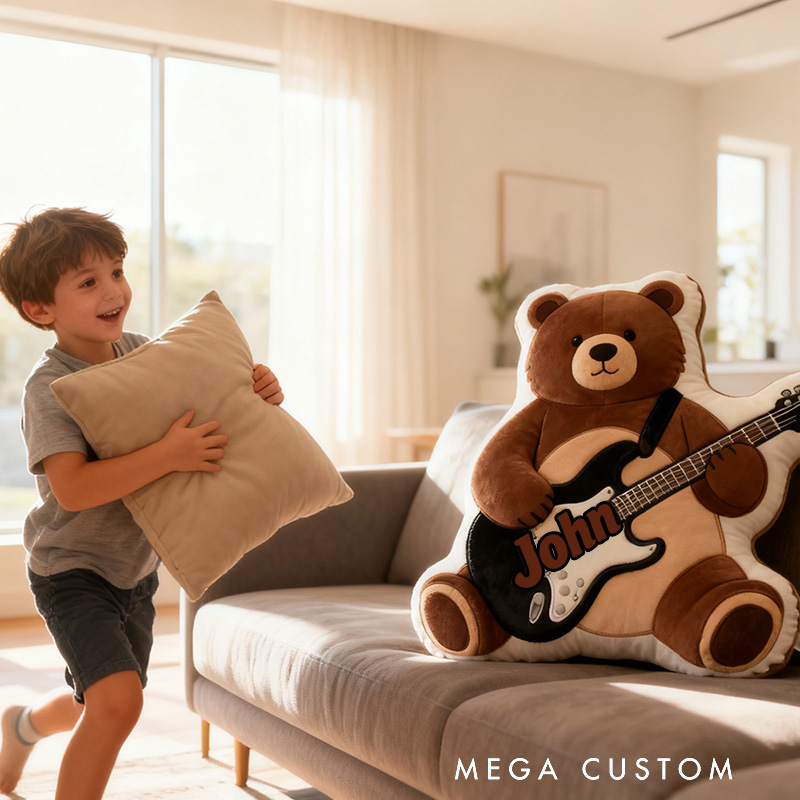 Personalized Graphic 3D Print Brown Bear & Electric Guitar Pillow With Your Own Name Soft Stuffed Toy for Kids Unique Decorative Cushion for Boys' Room and Playroom