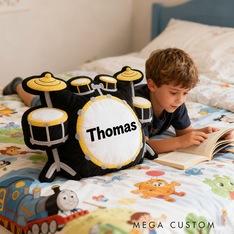 Personalized Graphic 3D Print Drum Set Pillow With Your Own Name Soft Stuffed Toy for Kids Unique Decorative Cushion for Boys' Room and Music Room