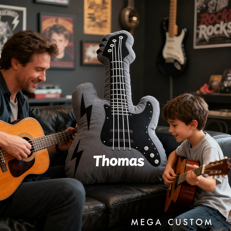 Personalized Graphic 3D Print Electric Guitar Pillow With Your Own Name Soft Stuffed Toy for Rock Music Lovers Unique Decorative Cushion for Boys' Room and Music Room