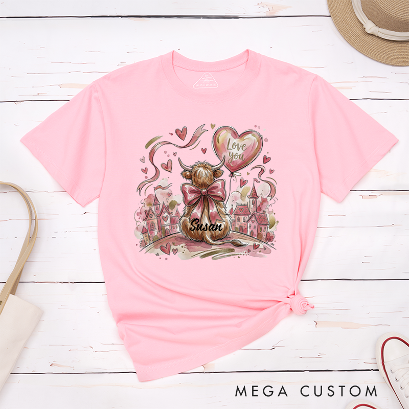 Personalized Pet Lover Valentine Highland Cow T-Shirt