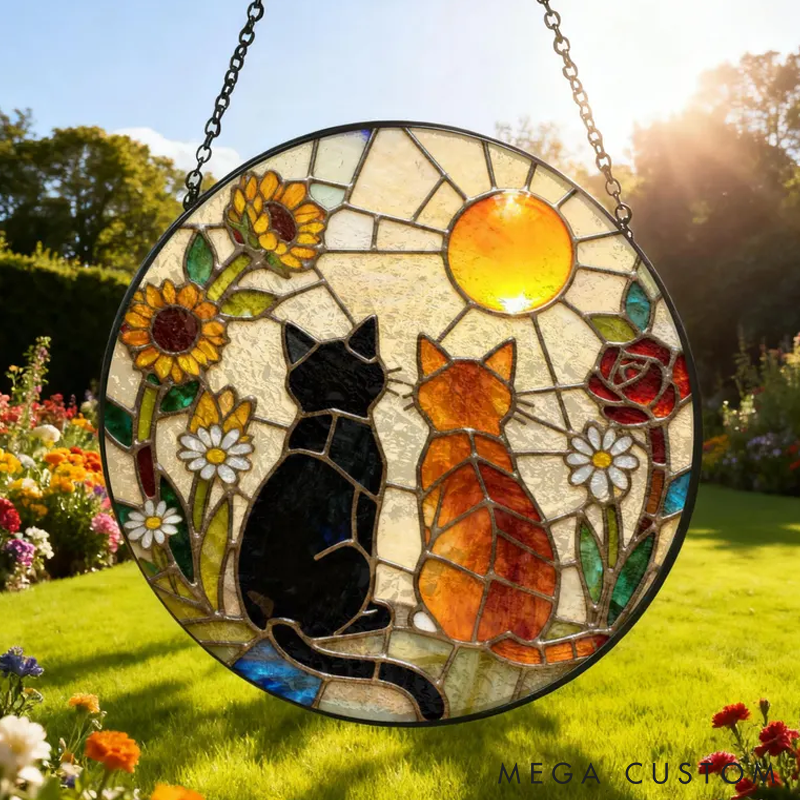 Personalized Cat Lover Charming Black Orange Cat Couple Sun Catcher