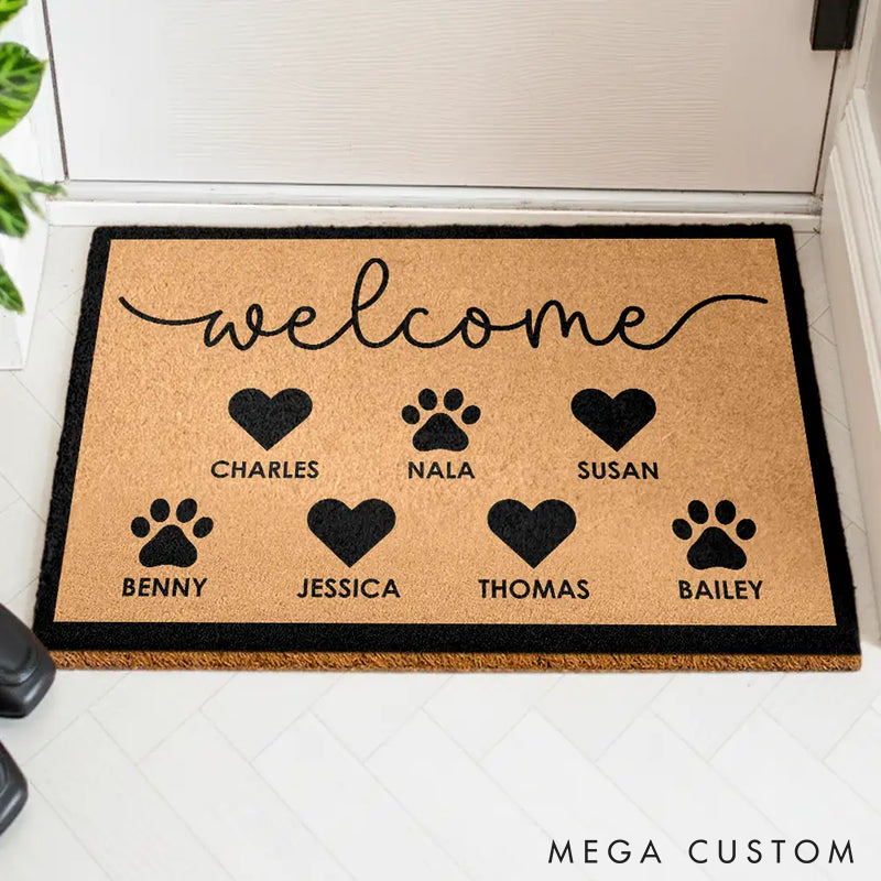 Personalized Pet Lover Welcome Family Heart Pawprints Doormat
